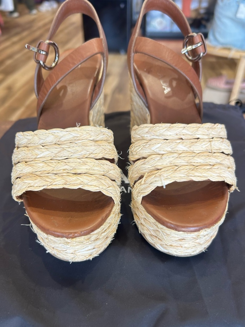 Prada Leather and Woven Raffia Espadrille Wedge Sandals - Picture 5 of 7